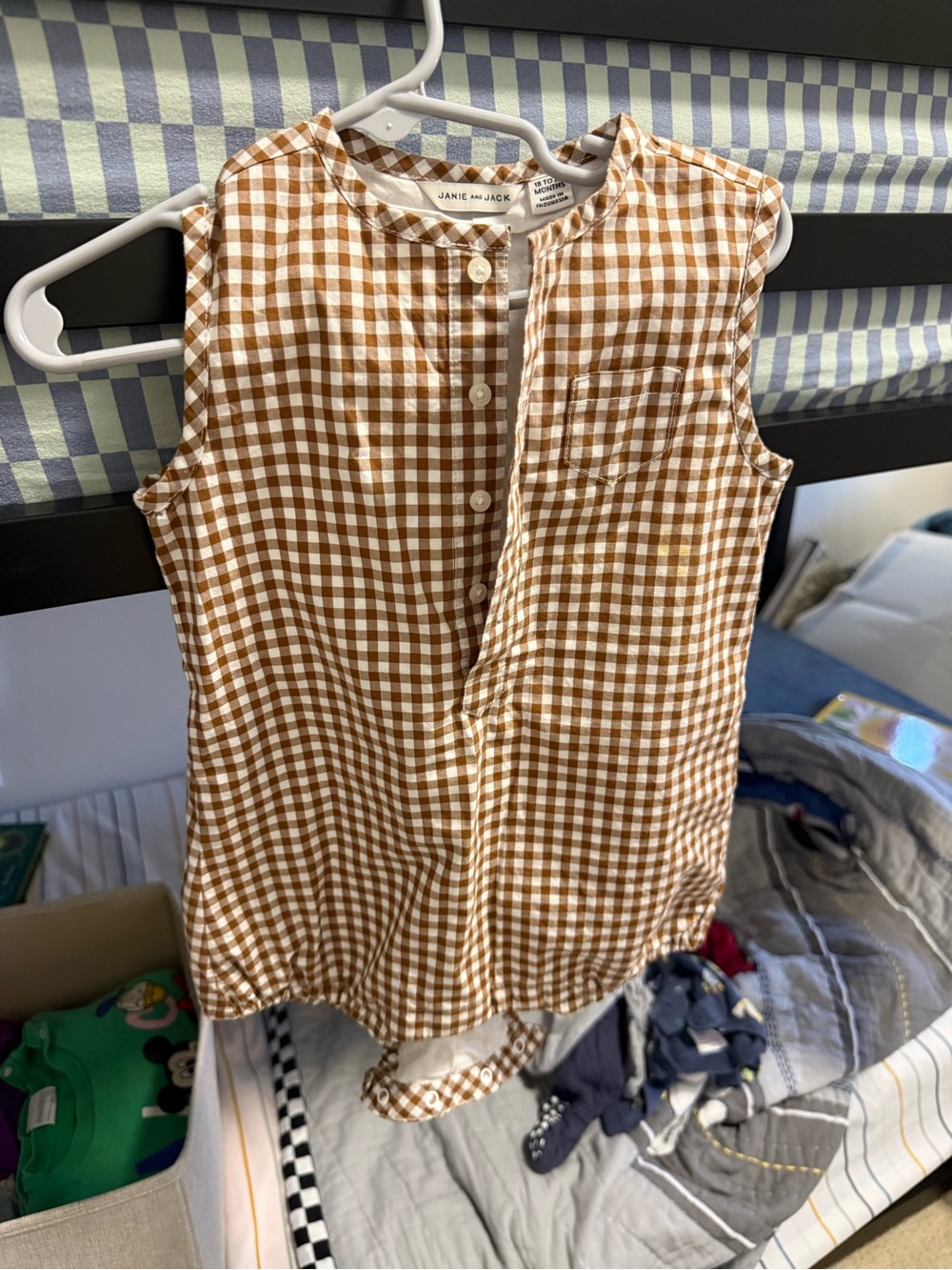 NWOT Janie and Jack Brown and White Gingham Sleeveless One-Piece sz 18-24 months